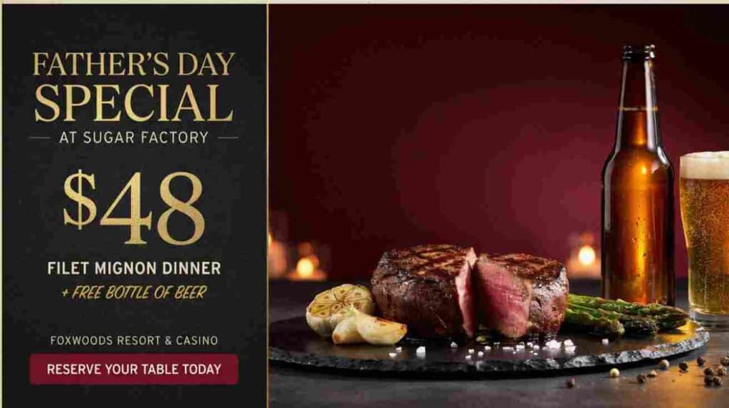 Sugar Factory Fathers Day Special at the Foxwoods Resort and Casino 48 dollars for a filet mignon dinner