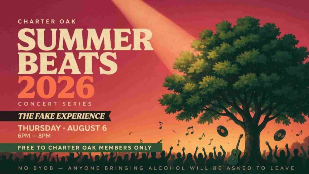 Charter Oak Summer Beats 2026 Concert Series with The Fake Experience Thursday August 6 6pm to 8pm