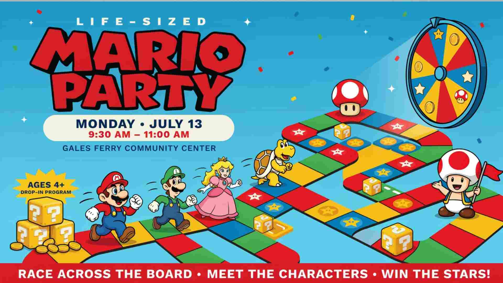 Life-Sized Mario Party Monday July 13 930 am to 11am at the Gales Ferry Community Center