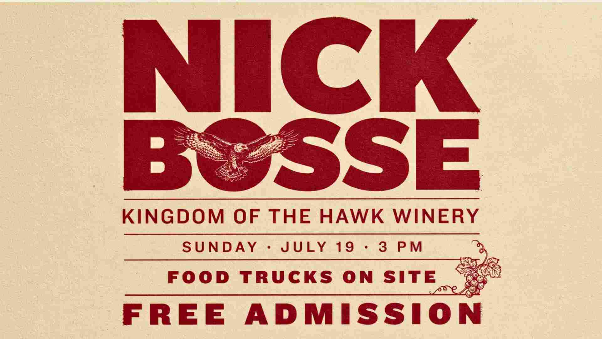 Nick Bosse at Kingdom of the Hawk Winery Sunday July 19 at 3 pm
