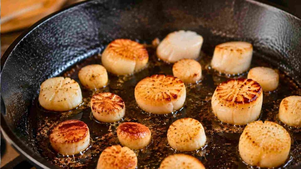 Stonington scallops searing in a pan.