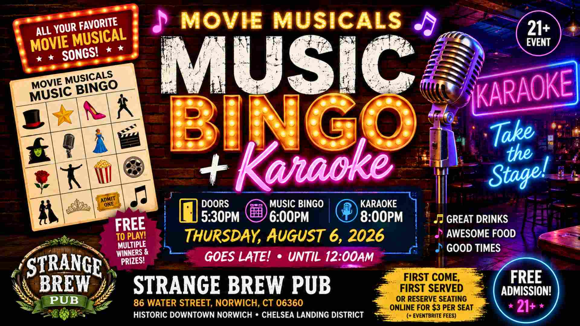 Movie Musicals Music Bingo and Karaoke at the Strange Brew Thursday August 6 6pm - midnight